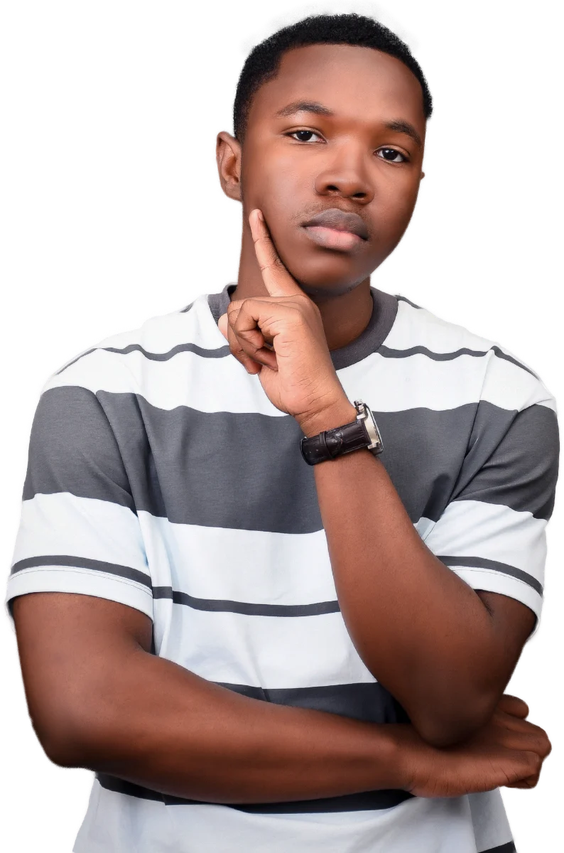 Benjamin Baafi, hand on chin, in a striped T-shirt